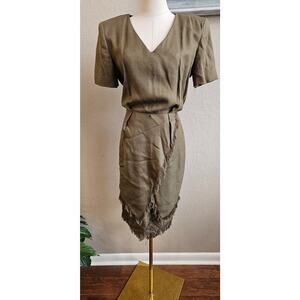 Vintage 80s Beau David Linen Blend Fringe Dress Women Sz 8 Olive Green